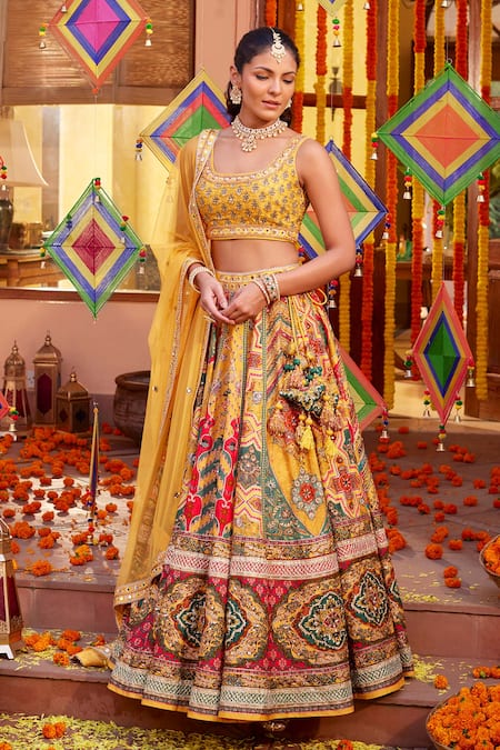 Kalista_Yellow Silk Sequins, Beads Round Neck Adhaya Mughal Print Lehenga Set _Online_at_Aza_Fashions