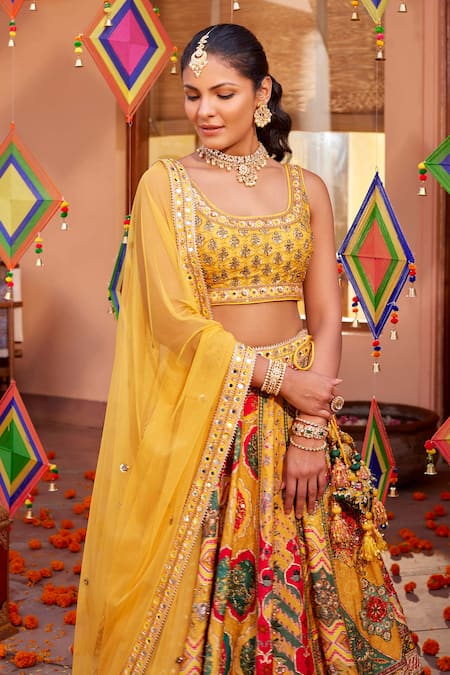 Buy_Kalista_Yellow Silk Sequins, Beads Round Neck Adhaya Mughal Print Lehenga Set _Online_at_Aza_Fashions