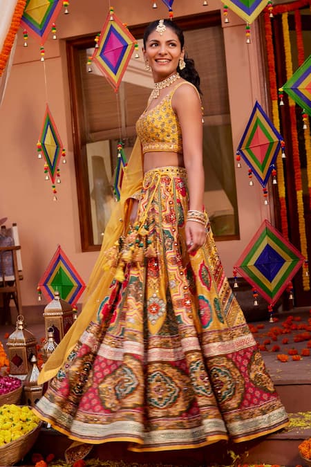 Shop_Kalista_Yellow Silk Sequins, Beads Round Neck Adhaya Mughal Print Lehenga Set _Online_at_Aza_Fashions