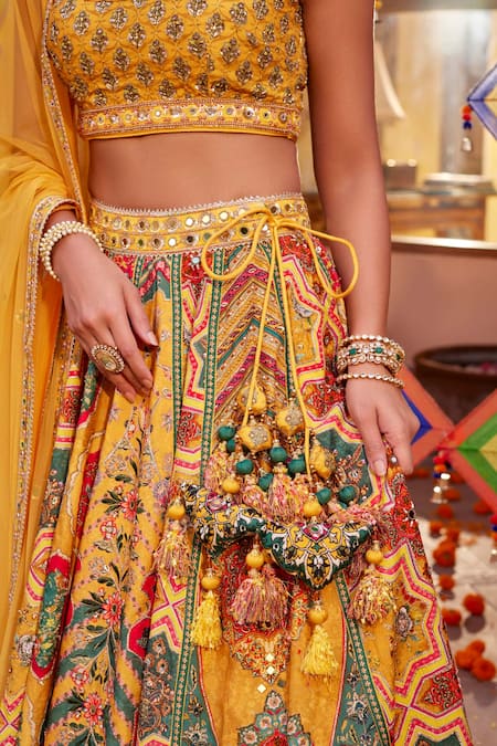 Kalista_Yellow Silk Sequins, Beads Round Neck Adhaya Mughal Print Lehenga Set _at_Aza_Fashions