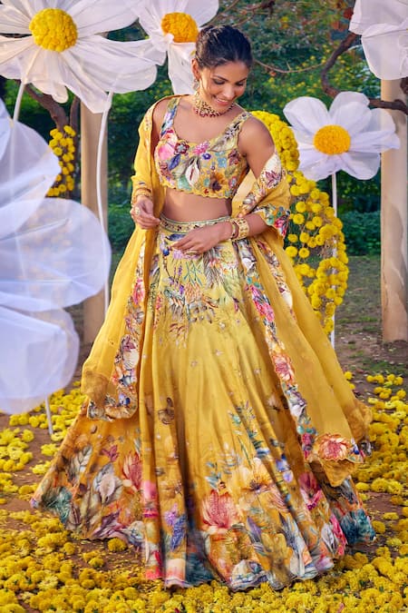 Kalista Yellow Raw Silk Printed And Hand Embroidered Garden U Shirin Lehenga Set