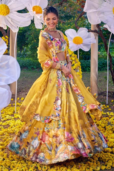 Kalista Yellow Silk Embroidery Round Neck Shirin Garden Print Lehenga Set Online at Aza Fashions Kalista_Yellow Silk Embroidery Round Neck Shirin Garden Print Lehenga Set _Online_at_Aza_Fashions