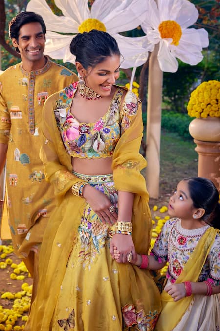 Buy Kalista Yellow Silk Embroidery Round Neck Shirin Garden Print Lehenga Set Online at Aza Fashions Buy_Kalista_Yellow Silk Embroidery Round Neck Shirin Garden Print Lehenga Set _Online_at_Aza_Fashions