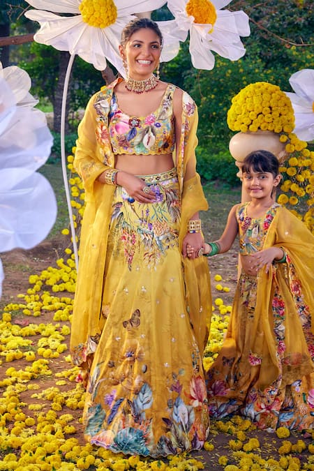 Shop Kalista Yellow Silk Embroidery Round Neck Shirin Garden Print Lehenga Set Online at Aza Fashions Shop_Kalista_Yellow Silk Embroidery Round Neck Shirin Garden Print Lehenga Set _Online_at_Aza_Fashions