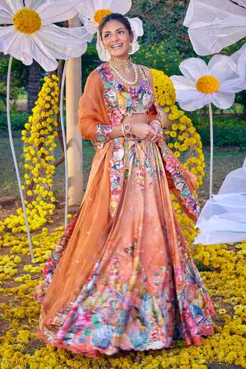 Shop Kalista Peach Silk, Chiffon Embroidery, Sequins Shirin Floral Garden Print Lehenga Set Online at Aza Fashions Shop_Kalista_Peach Silk, Chiffon Embroidery, Sequins Shirin Floral Garden Print Lehenga Set _Online_at_Aza_Fashions