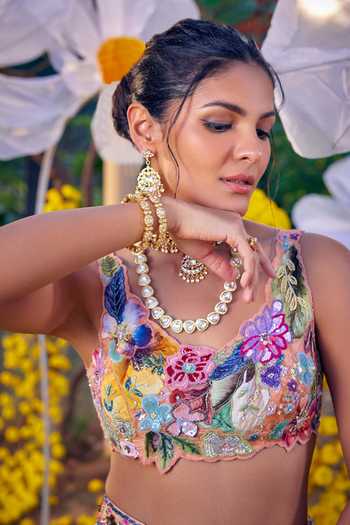 Kalista Peach Silk, Chiffon Embroidery, Sequins Shirin Floral Garden Print Lehenga Set at Aza Fashions Kalista_Peach Silk, Chiffon Embroidery, Sequins Shirin Floral Garden Print Lehenga Set _at_Aza_Fashions