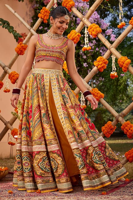 Kalista_Yellow Silk Beads, Sequins Round Neck Gulnar Printed Slit Lehenga Set With Pant _Online_at_Aza_Fashions