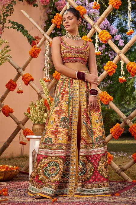 Buy_Kalista_Yellow Silk Beads, Sequins Round Neck Gulnar Printed Slit Lehenga Set With Pant _Online_at_Aza_Fashions