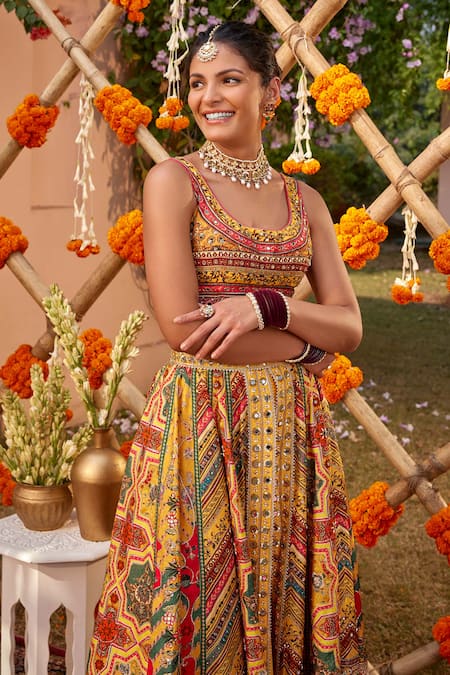 Shop_Kalista_Yellow Silk Beads, Sequins Round Neck Gulnar Printed Slit Lehenga Set With Pant _Online_at_Aza_Fashions