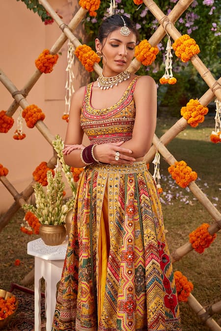 Kalista_Yellow Silk Beads, Sequins Round Neck Gulnar Printed Slit Lehenga Set With Pant _at_Aza_Fashions