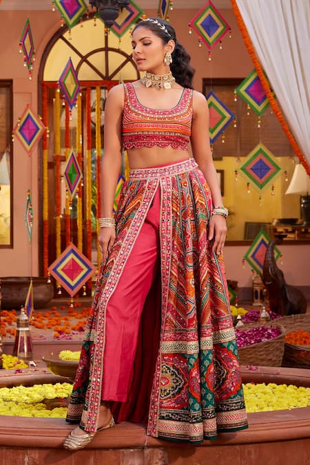 Kalista Gulnar Mughal Print Slit Lehenga Set With Pant 