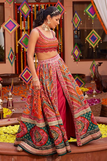 Buy_Kalista_Orange Silk Sequins, Beads, Gota Gulnar Mughal Print Slit Lehenga Set With Pant _Online_at_Aza_Fashions
