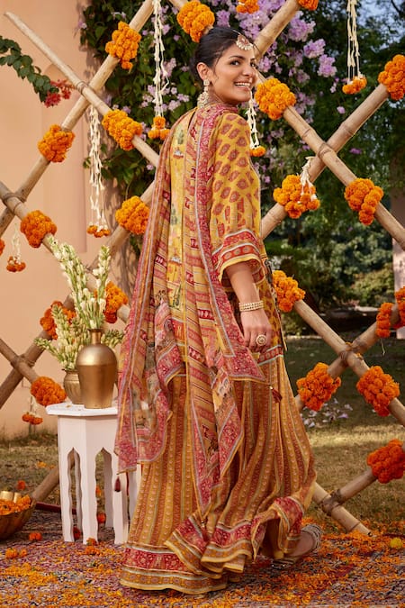 Shop Kalista Yellow Viscose, Georgette Beads, Sequins Siah Mughal Palace Print Gharara Set at Aza Fashions Shop_Kalista_Yellow Viscose, Georgette Beads, Sequins Siah Mughal Palace Print Gharara Set _at_Aza_Fashions