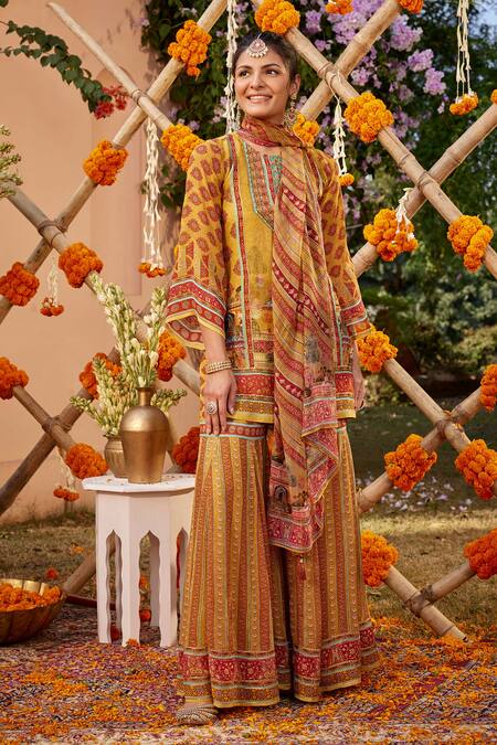 Kalista Yellow Viscose, Georgette Beads, Sequins Siah Mughal Palace Print Gharara Set Online at Aza Fashions Kalista_Yellow Viscose, Georgette Beads, Sequins Siah Mughal Palace Print Gharara Set _Online_at_Aza_Fashions