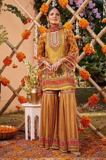 Buy Kalista Yellow Viscose, Georgette Beads, Sequins Siah Mughal Palace Print Gharara Set Online at Aza Fashions Buy_Kalista_Yellow Viscose, Georgette Beads, Sequins Siah Mughal Palace Print Gharara Set _Online_at_Aza_Fashions