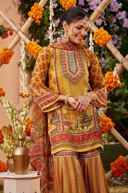 Shop Kalista Yellow Viscose, Georgette Beads, Sequins Siah Mughal Palace Print Gharara Set Online at Aza Fashions Shop_Kalista_Yellow Viscose, Georgette Beads, Sequins Siah Mughal Palace Print Gharara Set _Online_at_Aza_Fashions
