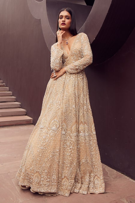 Buy_Istya_Beige Net, Crepe Embroidery, Tassels Plunge Floral Slit Jacket With Skirt Set _Online_at_Aza_Fashions