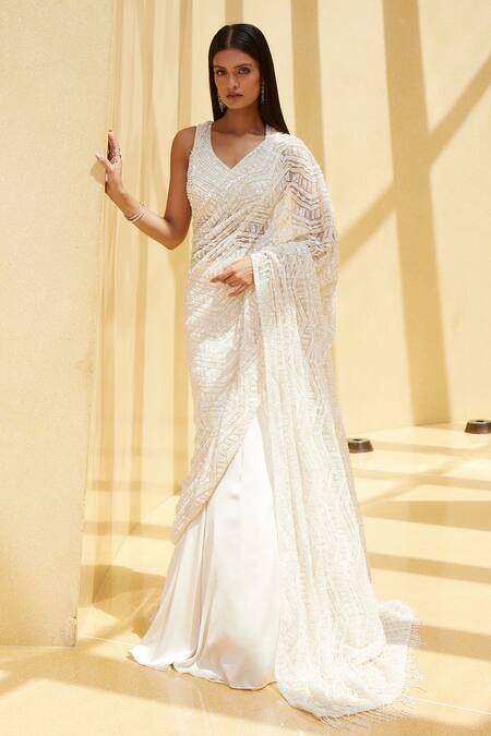 Istya_Ivory Net, Satin Cut Work, Sequins, Embroidered Draped Saree Lehenga With Blouse _Online_at_Aza_Fashions