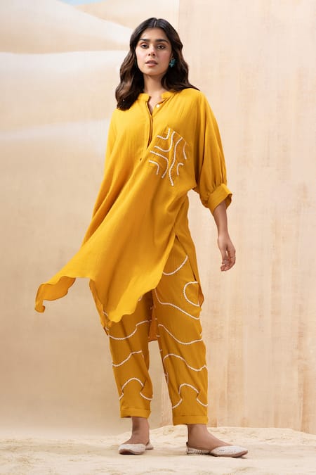 Shop_Seeaash_Yellow Seer Sucker Embellished Lace Mandarin Collar Textured Kurta With Pant_Online_at_Aza_Fashions