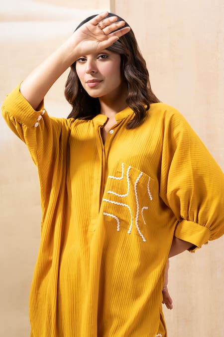 Seeaash_Yellow Seer Sucker Embellished Lace Mandarin Collar Textured Kurta With Pant_at_Aza_Fashions