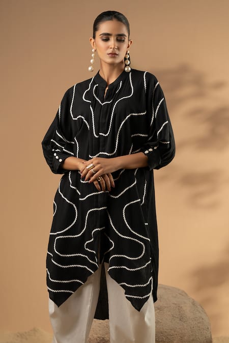 Shop Seeaash Black Cotton Lace Mandarin Collar, Embellished Textured Kaftan Cowl Pant Set at Aza Fashions Shop_Seeaash_Black Cotton Lace Mandarin Collar, Embellished Textured Kaftan Cowl Pant Set_at_Aza_Fashions