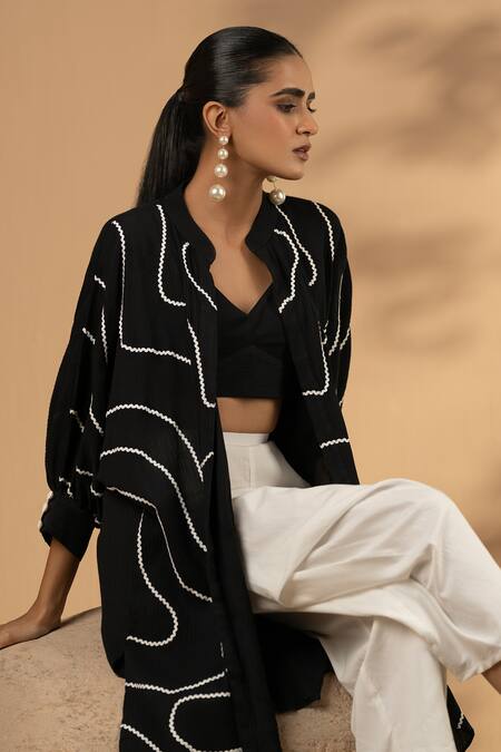 Seeaash Black Cotton Lace Mandarin Collar, Embellished Textured Kaftan Cowl Pant Set Online at Aza Fashions Seeaash_Black Cotton Lace Mandarin Collar, Embellished Textured Kaftan Cowl Pant Set_Online_at_Aza_Fashions
