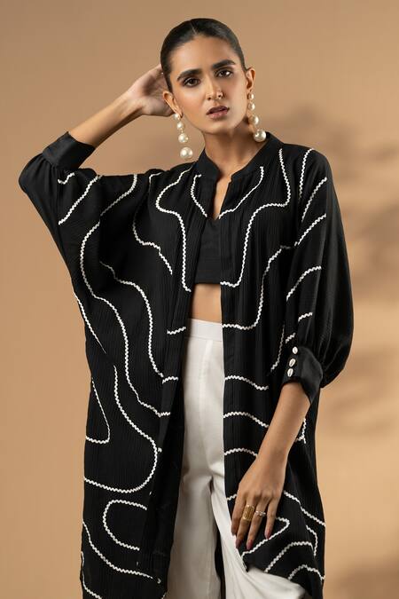 Buy Seeaash Black Cotton Lace Mandarin Collar, Embellished Textured Kaftan Cowl Pant Set Online at Aza Fashions Buy_Seeaash_Black Cotton Lace Mandarin Collar, Embellished Textured Kaftan Cowl Pant Set_Online_at_Aza_Fashions