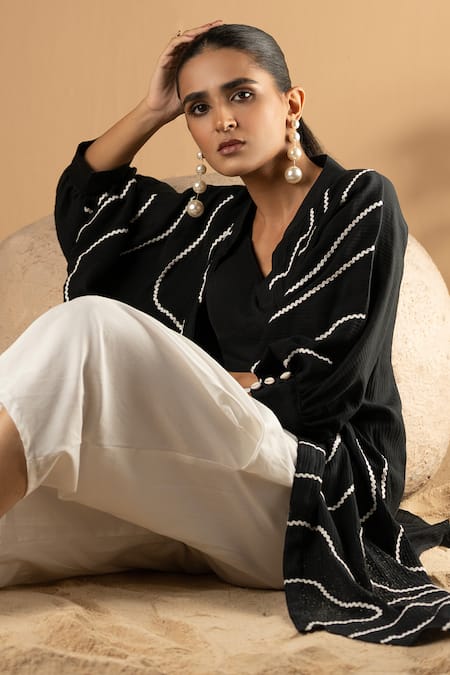 Shop Seeaash Black Cotton Lace Mandarin Collar, Embellished Textured Kaftan Cowl Pant Set Online at Aza Fashions Shop_Seeaash_Black Cotton Lace Mandarin Collar, Embellished Textured Kaftan Cowl Pant Set_Online_at_Aza_Fashions