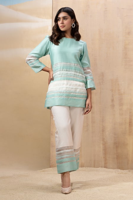 Seeaash Blue Chanderi Embroidered Lace Round Aqua Striped Short Kurta And Pant Co-ord Set