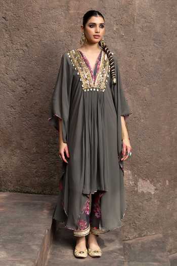 Embroidered V-Neck Mirror work Kaftan With Trousers main image 1