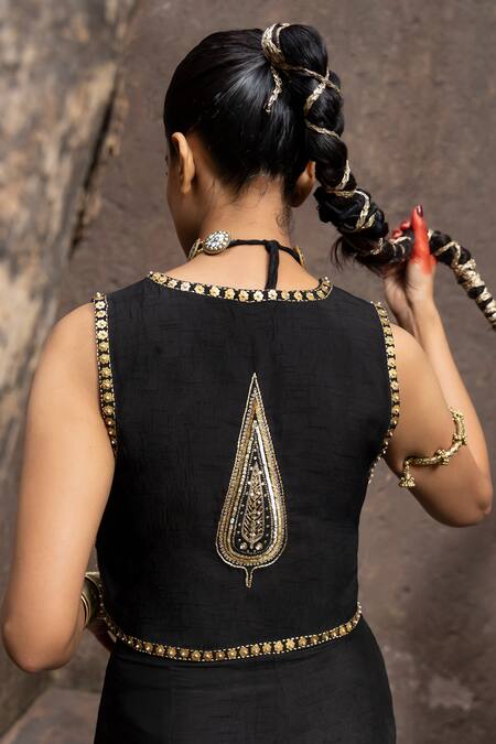 Shop Seeaash Black Silk Pearls, Metallic Thread Zohra Placement Embroidered Gilet And Pant Set at Aza Fashions Shop_Seeaash_Black Silk Pearls, Metallic Thread Zohra Placement Embroidered Gilet And Pant Set_at_Aza_Fashions