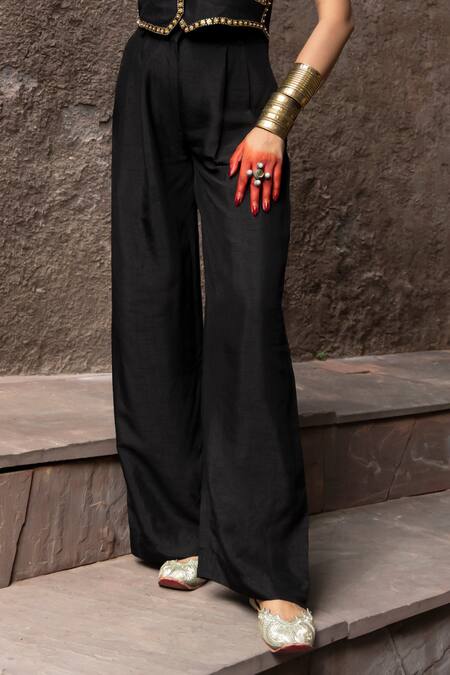 Seeaash Black Silk Pearls, Metallic Thread Zohra Placement Embroidered Gilet And Pant Set Online at Aza Fashions Seeaash_Black Silk Pearls, Metallic Thread Zohra Placement Embroidered Gilet And Pant Set_Online_at_Aza_Fashions