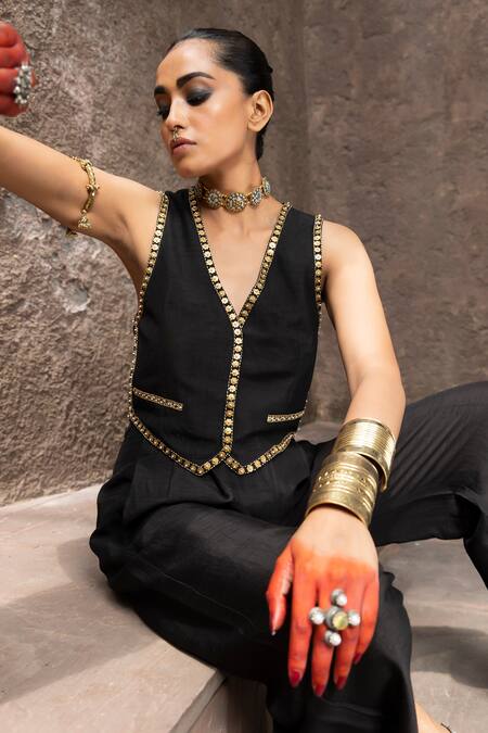 Buy Seeaash Black Silk Pearls, Metallic Thread Zohra Placement Embroidered Gilet And Pant Set Online at Aza Fashions Buy_Seeaash_Black Silk Pearls, Metallic Thread Zohra Placement Embroidered Gilet And Pant Set_Online_at_Aza_Fashions