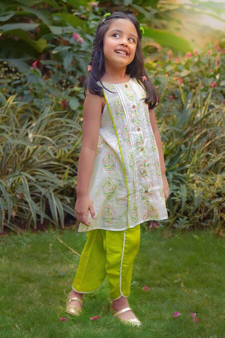 Buy Little Shiro Off White Cotton Satin Lace Tiranga Mughal Print Kurta With Dhoti Pant Online at Aza Fashions Buy_Little Shiro_Off White Cotton Satin Lace Tiranga Mughal Print Kurta With Dhoti Pant_Online_at_Aza_Fashions