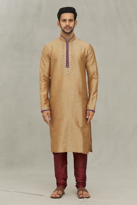 Arihant Rai Sinha_Beige Silk Embroidery Placket Kurta With Churidar _Online_at_Aza_Fashions
