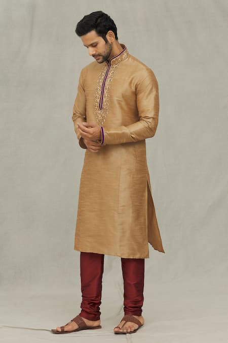 Buy_Arihant Rai Sinha_Beige Silk Embroidery Placket Kurta With Churidar _Online_at_Aza_Fashions