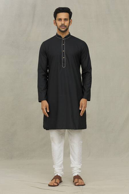 Arihant Rai Sinha_Black Cotton Embroidery Plain Straight Kurta With Churidar _Online_at_Aza_Fashions