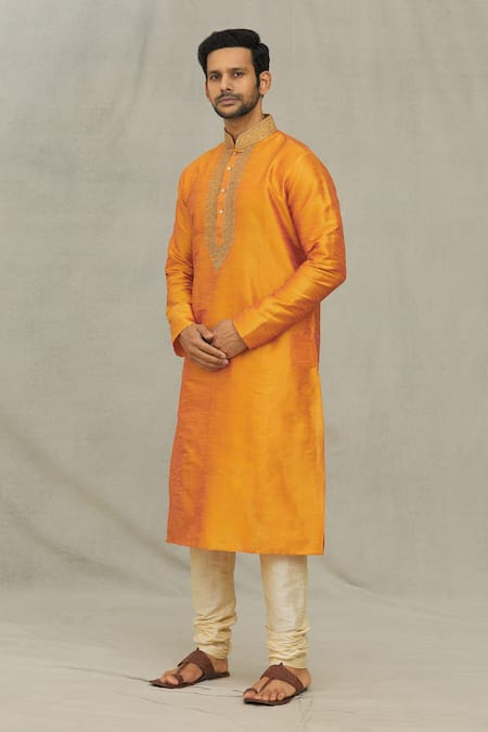 Buy_Arihant Rai Sinha_Orange Silk, Chanderi Zari Embroidered Placket Kurta With Churidar_Online_at_Aza_Fashions