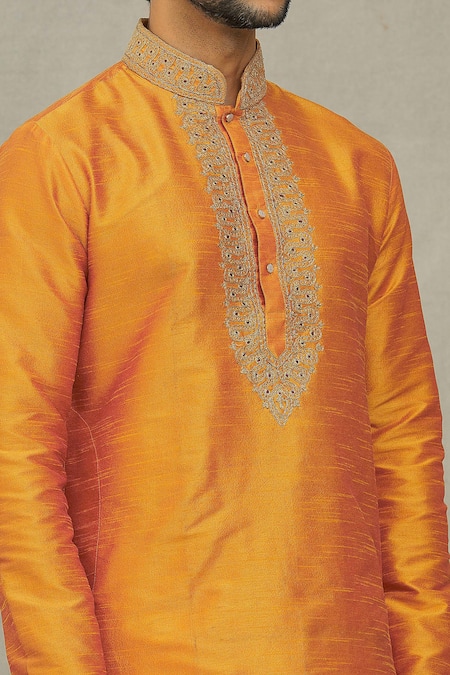 Shop_Arihant Rai Sinha_Orange Silk, Chanderi Zari Embroidered Placket Kurta With Churidar_Online_at_Aza_Fashions
