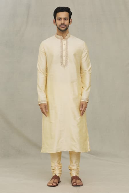 Arihant Rai Sinha_Beige , Chanderi Embroidery Straight Placket Kurta With Churidar _Online_at_Aza_Fashions
