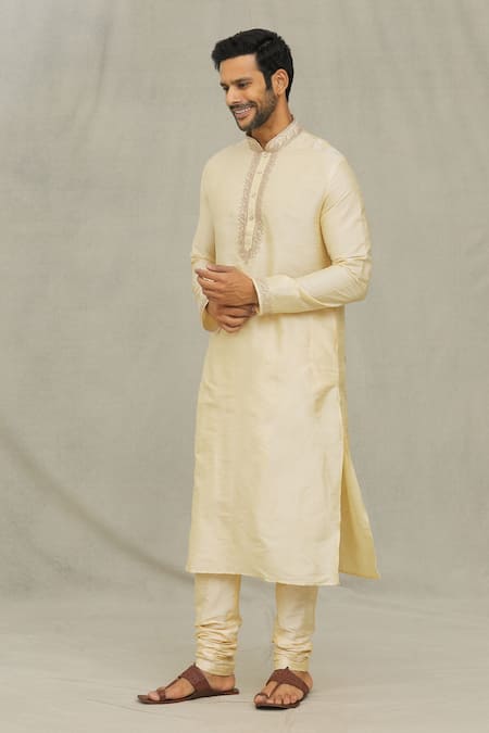 Buy_Arihant Rai Sinha_Beige , Chanderi Embroidery Straight Placket Kurta With Churidar _Online_at_Aza_Fashions