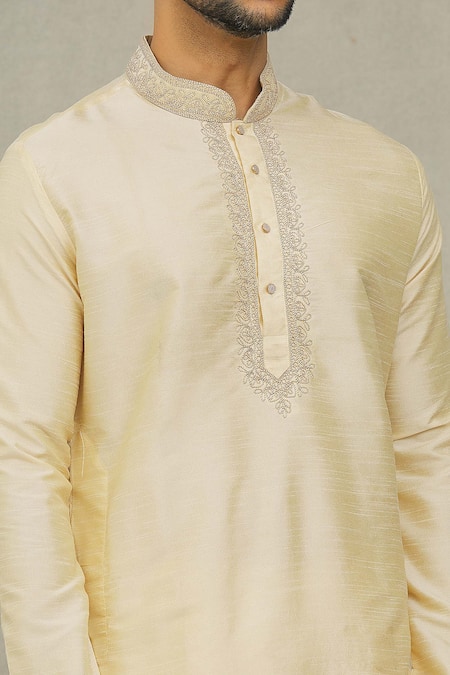 Shop_Arihant Rai Sinha_Beige , Chanderi Embroidery Straight Placket Kurta With Churidar _Online_at_Aza_Fashions