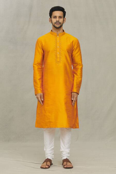 Arihant Rai Sinha_Orange Silk, Chanderi Collared Plain Straight Kurta With Churidar_Online_at_Aza_Fashions