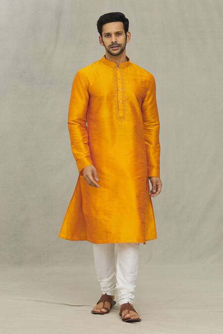 Buy_Arihant Rai Sinha_Orange Silk, Chanderi Collared Plain Straight Kurta With Churidar_Online_at_Aza_Fashions