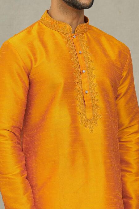 Shop_Arihant Rai Sinha_Orange Silk, Chanderi Collared Plain Straight Kurta With Churidar_Online_at_Aza_Fashions