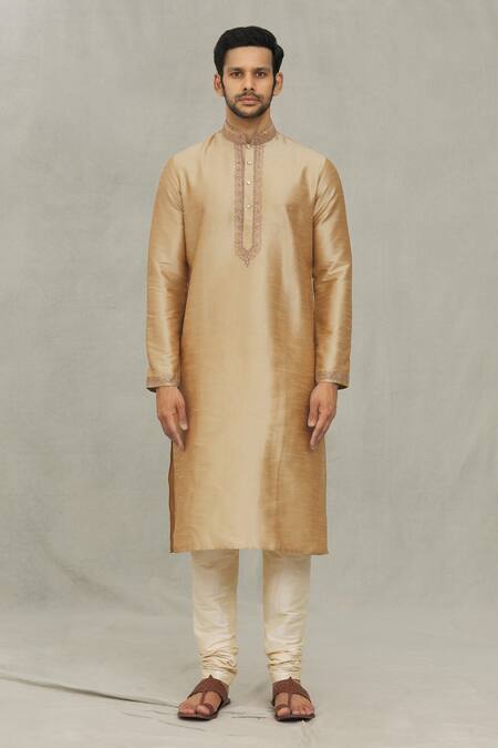 Arihant Rai Sinha Beige , Chanderi Embroidery Tonal Placket Kurta And Churidar Set Online at Aza Fashions Arihant Rai Sinha_Beige , Chanderi Embroidery Tonal Placket Kurta And Churidar Set _Online_at_Aza_Fashions