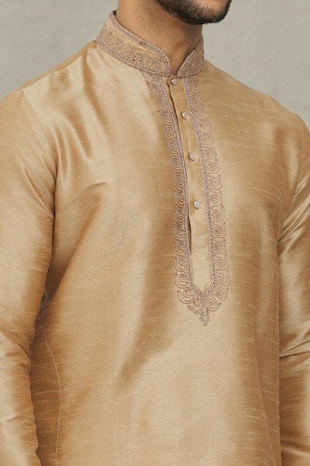 Shop Arihant Rai Sinha Beige , Chanderi Embroidery Tonal Placket Kurta And Churidar Set Online at Aza Fashions Shop_Arihant Rai Sinha_Beige , Chanderi Embroidery Tonal Placket Kurta And Churidar Set _Online_at_Aza_Fashions