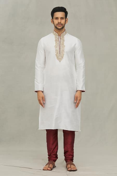 Arihant Rai Sinha_Off White Silk Embroidery Threadwork Placket Kurta With Churidar _Online_at_Aza_Fashions