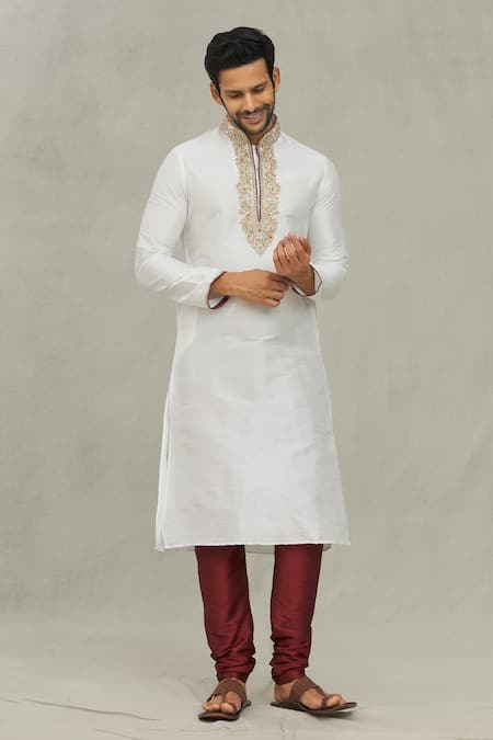 Buy_Arihant Rai Sinha_Off White Silk Embroidery Threadwork Placket Kurta With Churidar _Online_at_Aza_Fashions