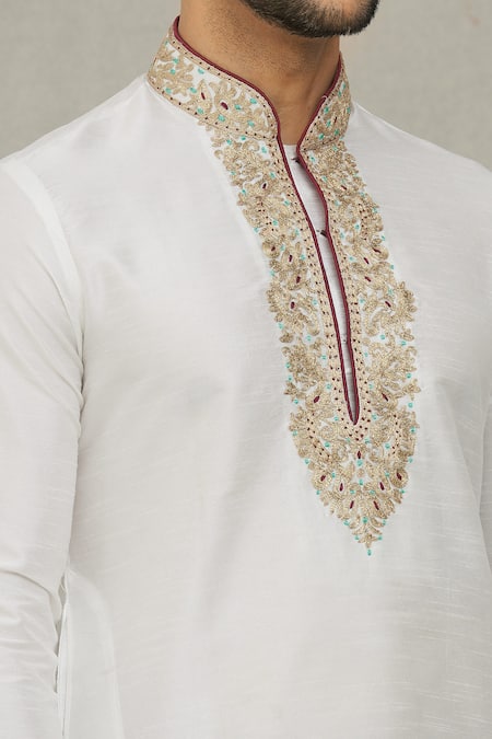 Shop_Arihant Rai Sinha_Off White Silk Embroidery Threadwork Placket Kurta With Churidar _Online_at_Aza_Fashions